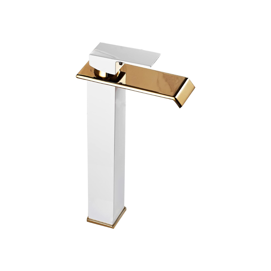 Torneira Misturador Monocomando Luxo Estilo Cascata para Banheiro - Branco com Dourado