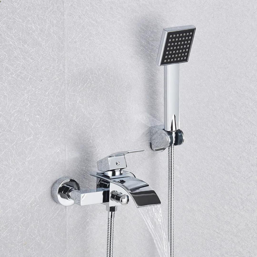 Torneira Misturador Monocomando Luxo Estilo Cascata para Banheiro com Ducha Quadrada - Cromada