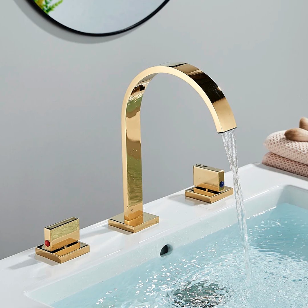 AquaLux Duet - Torneira de Design Contemporâneo para Bacia Banheiro013 Vitrine das Torneiras Dourado