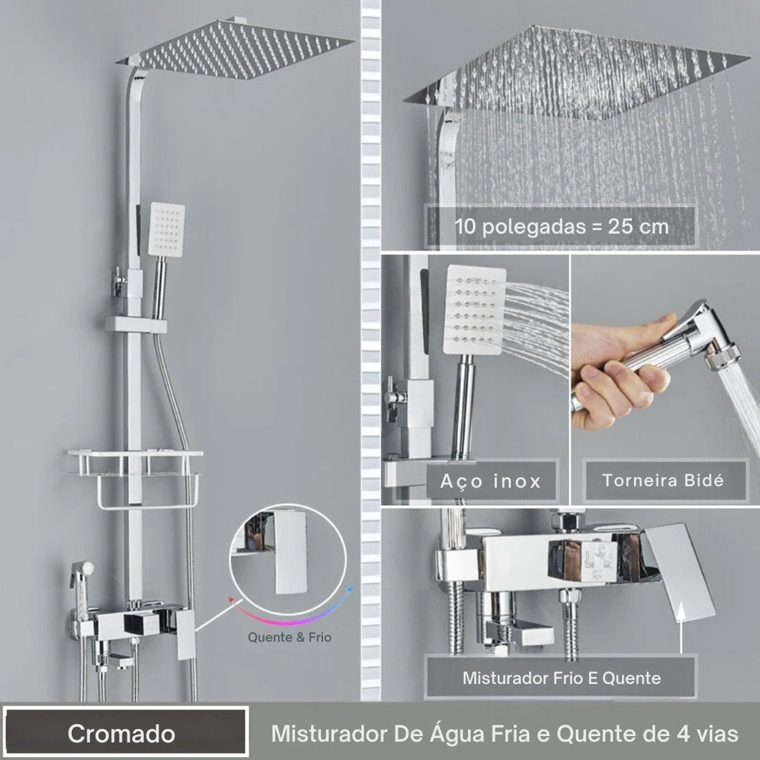 Chuveiro Contemporâneo Cromado com Ajuste de Altura e Válvula Cerâmica Ducha006 Vitrine das Torneiras Cromado