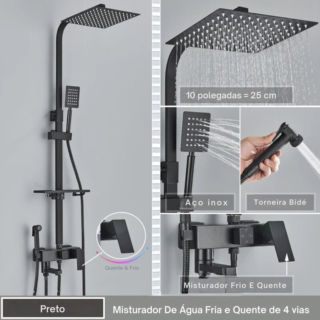 Chuveiro Contemporâneo Cromado com Ajuste de Altura e Válvula Cerâmica Ducha006 Vitrine das Torneiras Preto