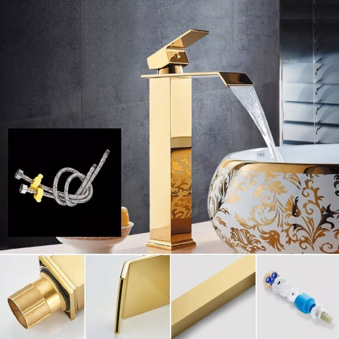 Torneira Misturador Monocomando Luxo Estilo Cascata para Banheiro - Dourada
