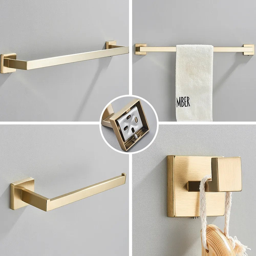Kit de Acessórios para Banheiro em Aço Inoxidável - Dourado Escovado Acessório013 Vitrine das Torneiras