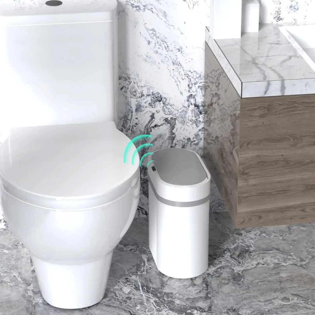 Lixeira com Sensor de Movimento Para Banheiro Branco com Cinza Acessórios Banheiro065 Vitrine das Torneiras
