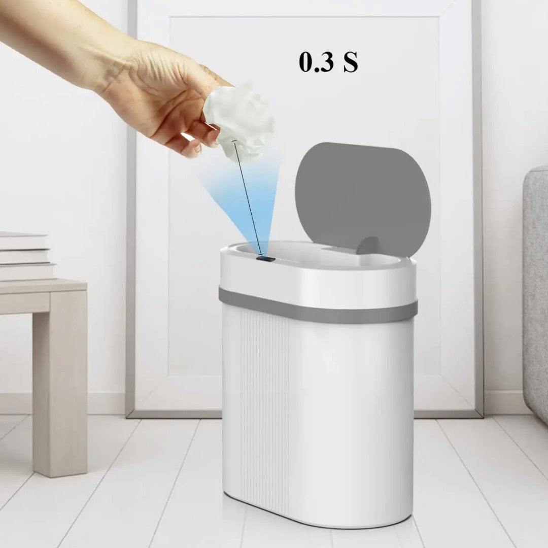 Lixeira com Sensor de Movimento Para Banheiro Branco com Cinza Acessórios Banheiro065 Vitrine das Torneiras