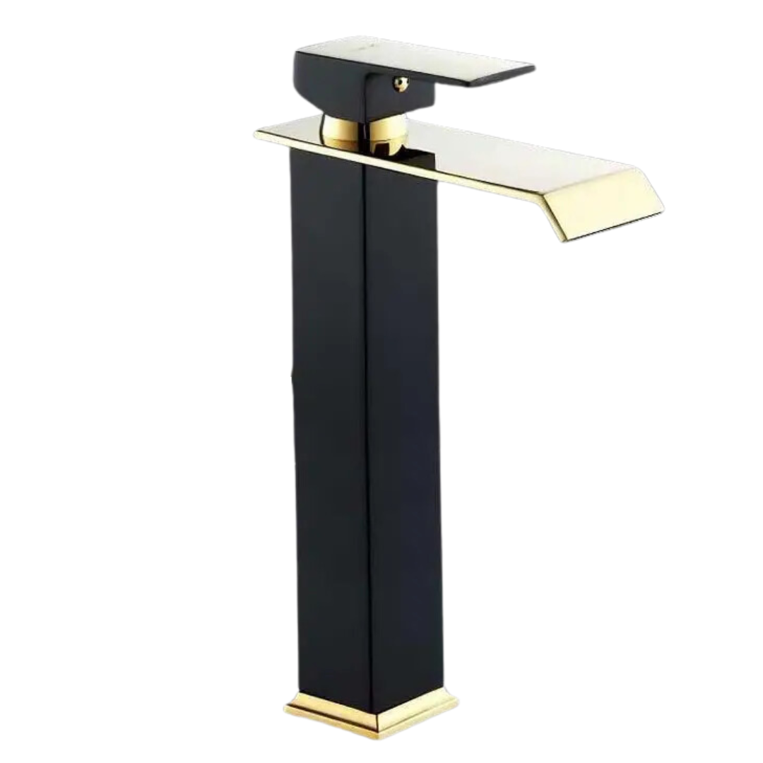 Torneira Misturador Monocomando Luxo Estilo Cascata para Banheiro - Preto com Dourado