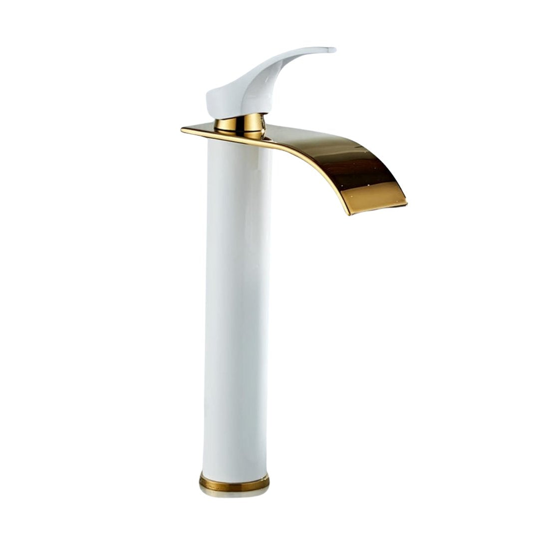 Torneira Alto Padrão para Banheiro Estilo Cachoeira Branco com Dourado Banheiros e Lavabos128 Vitrine das Torneiras Longa