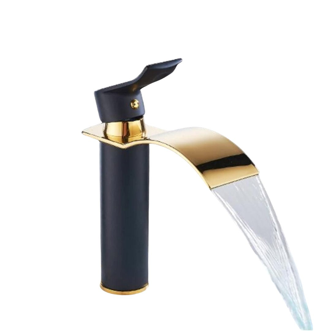 Torneira Alto Padrão para Banheiro Estilo Cachoeira Preto com Dourado Banheiros e Lavabos128 Vitrine das Torneiras Curta