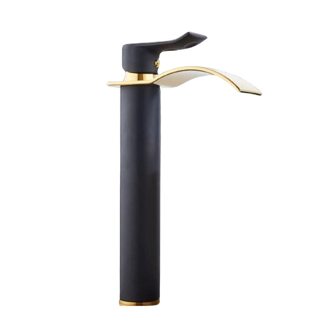Torneira Alto Padrão para Banheiro Estilo Cachoeira Preto com Dourado Banheiros e Lavabos128 Vitrine das Torneiras Longa