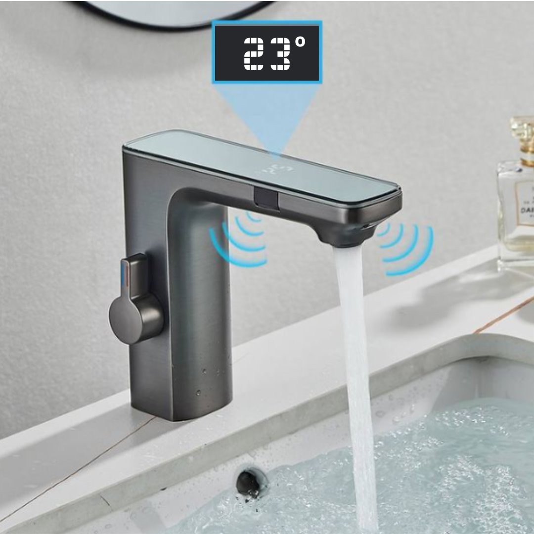 Torneira Automática de Banheiro - Design Contemporâneo com Sensor Banheiro001 Vitrine das Torneiras Cinza Escovado