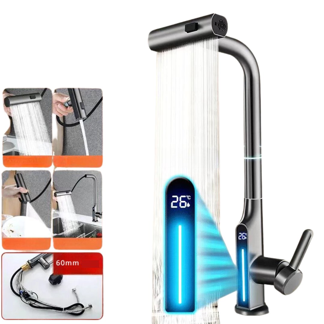 Torneira de Cozinha Digital com Controle de Temperatura e Bica Móvel com 3 Jatos Cinza Escuro Banheiros e Lavabos087 Vitrine das Torneiras