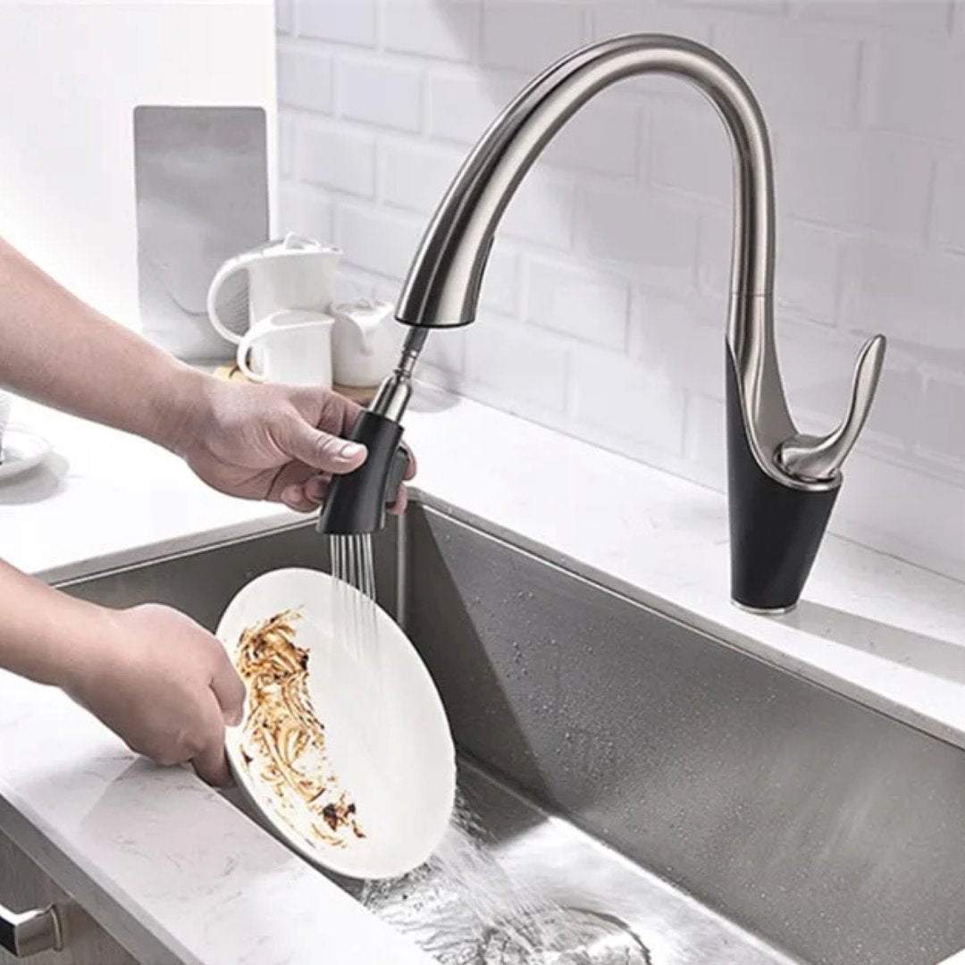 Torneira de Cozinha Monocomando com Jato Retrátil Preto com Aço Escovado Cozinha e Área Gourmet052 Vitrine das Torneiras