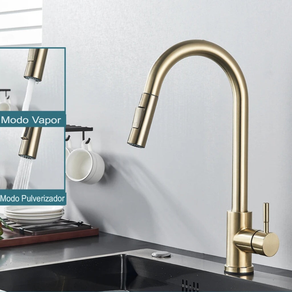 Torneira de Cozinha Monocomando Pulverizador Dupla Função - Aço Inoxidável Cozinha e Área Gourmet029 Vitrine das Torneiras Dourado Escovado