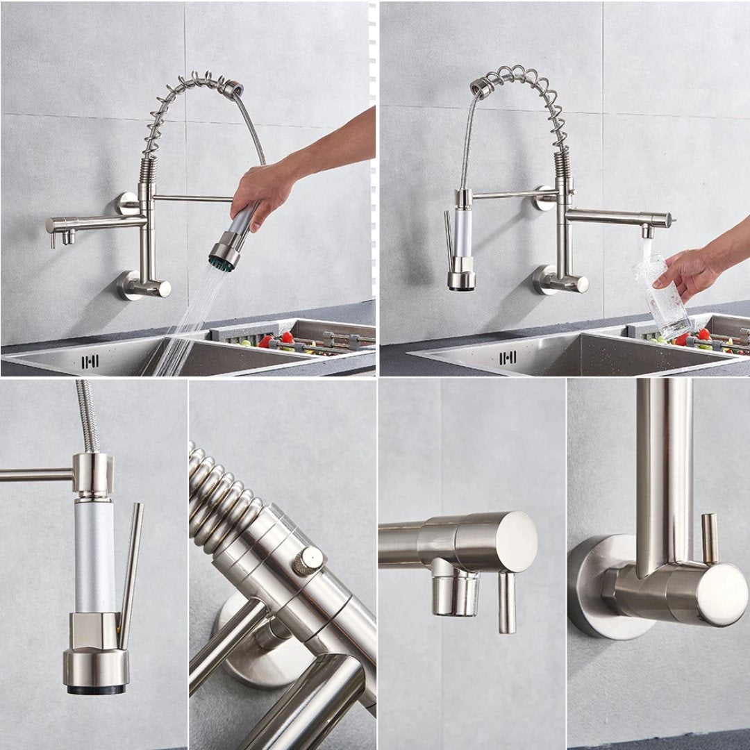 Torneira de Cozinha Premium com Saída Dupla e Pulverizador Giratório - Montada na Parede, Somente para Água Fria Cozinha017 Vitrine das Torneiras