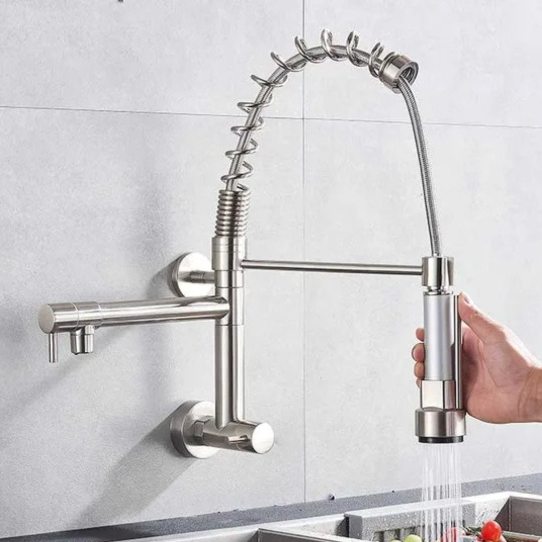Torneira de Cozinha Premium com Saída Dupla e Pulverizador Giratório - Montada na Parede, Somente para Água Fria Cozinha017 Vitrine das Torneiras Aço Escovado