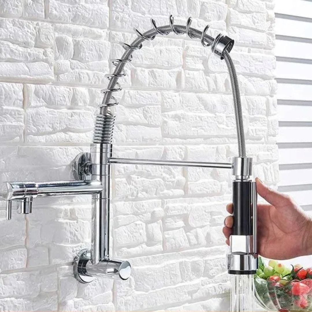 Torneira de Cozinha Premium com Saída Dupla e Pulverizador Giratório - Montada na Parede, Somente para Água Fria Cozinha017 Vitrine das Torneiras Cromado