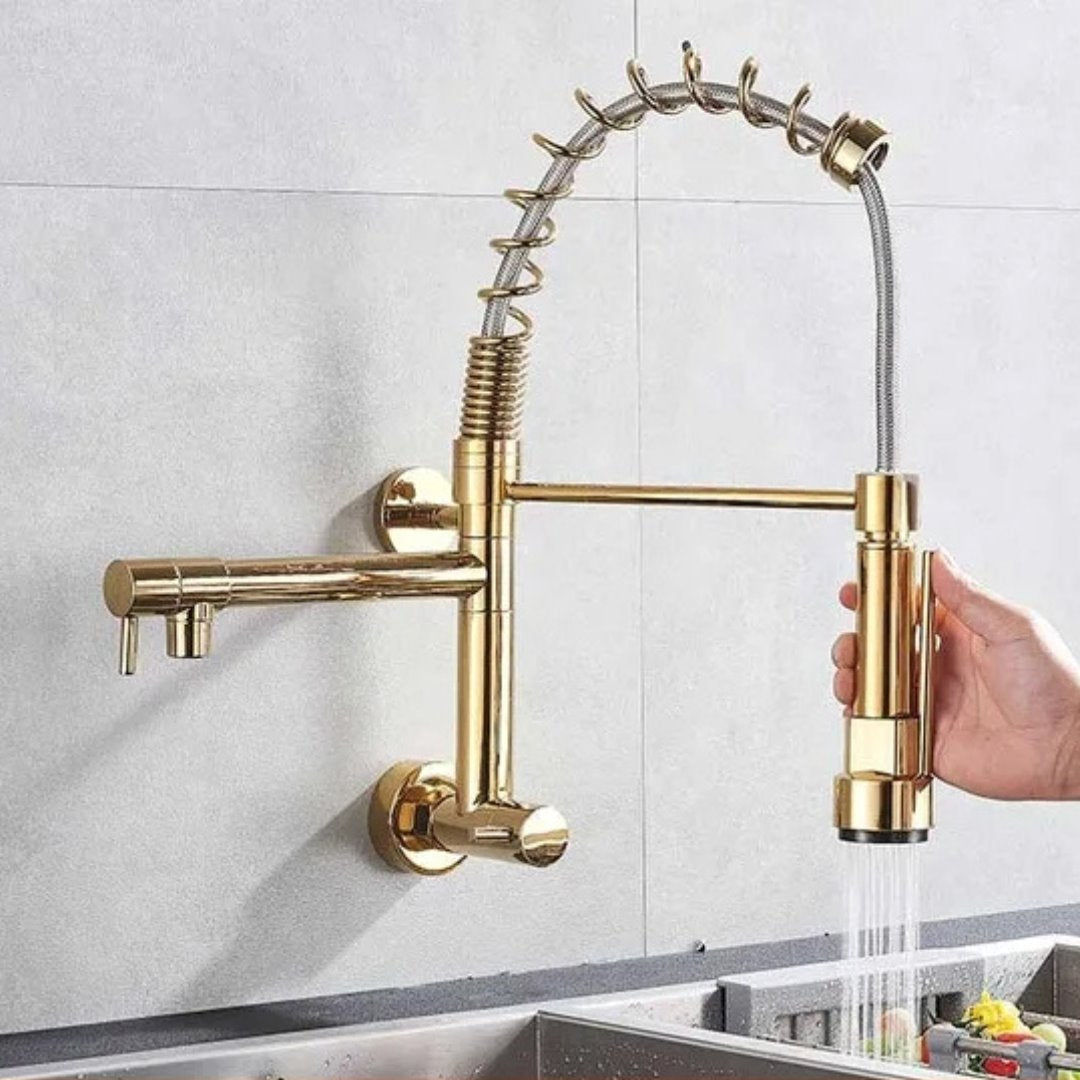 Torneira de Cozinha Premium com Saída Dupla e Pulverizador Giratório - Montada na Parede, Somente para Água Fria Cozinha017 Vitrine das Torneiras Dourado