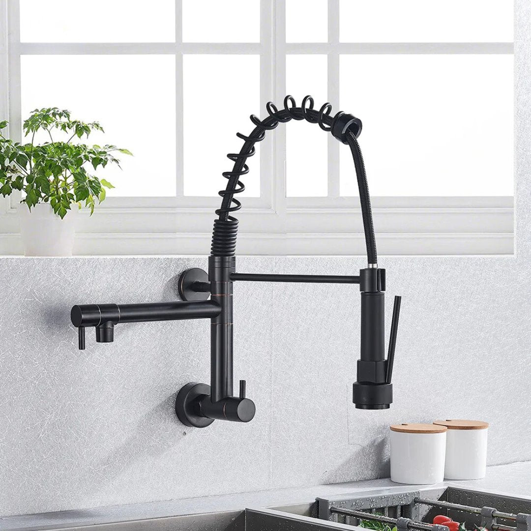 Torneira de Cozinha Premium com Saída Dupla e Pulverizador Giratório - Montada na Parede, Somente para Água Fria Cozinha017 Vitrine das Torneiras Preto