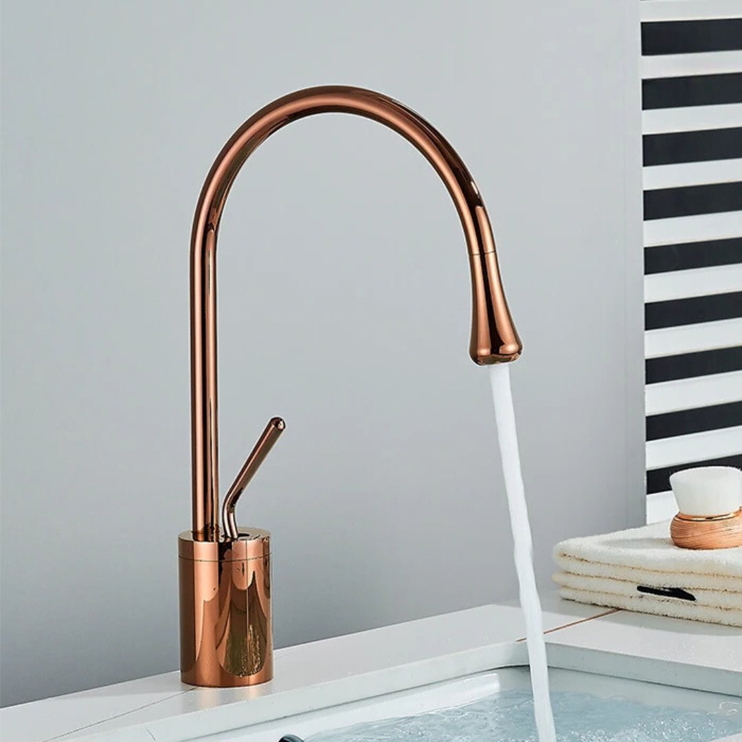 Torneira de Lavatório Alta com Misturador Quente e Frio - Instalação em Deck Banheiro018 Vitrine das Torneiras Rose Gold