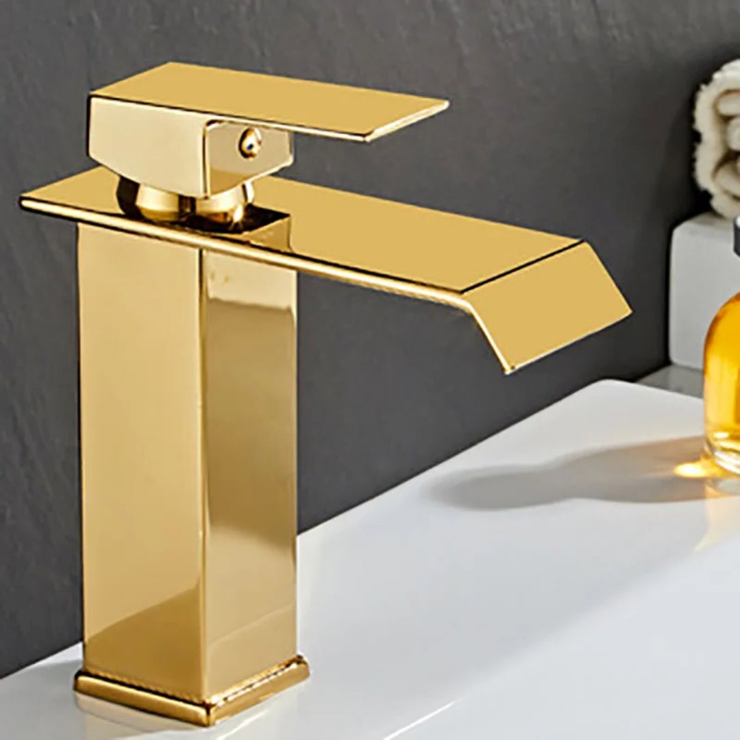 Torneira Elegante Dourada com Cascata para Banheiro Banheiros e Lavabos056 Vitrine das Torneiras