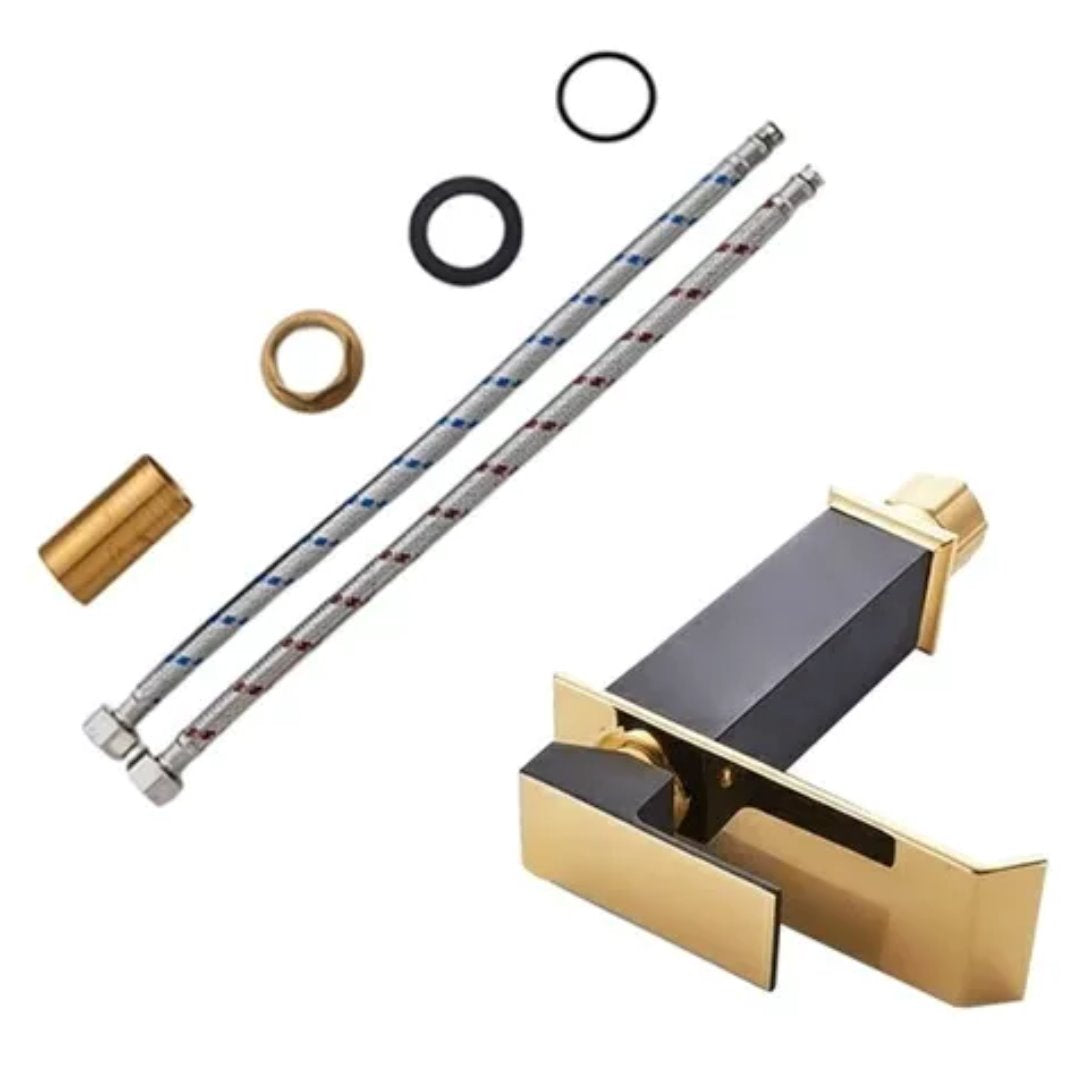 Torneira Elegante Preto e Dourado com Cascata para Banheiro Banheiros e Lavabos056 Vitrine das Torneiras