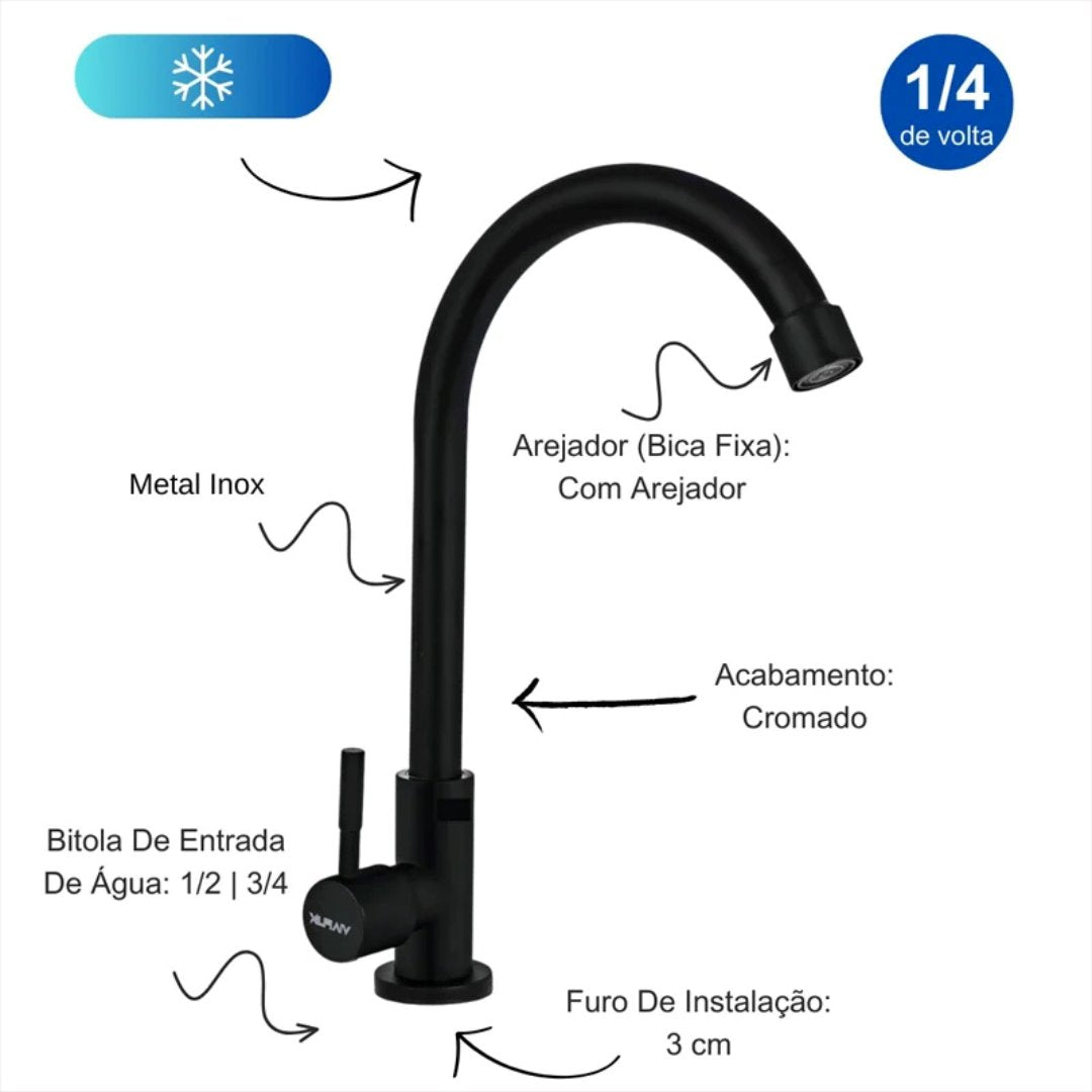Torneira Gourmet Cromada Luxo Preta 1/4 de Volta - Alta Performance Cozinha008 Vitrine das Torneiras