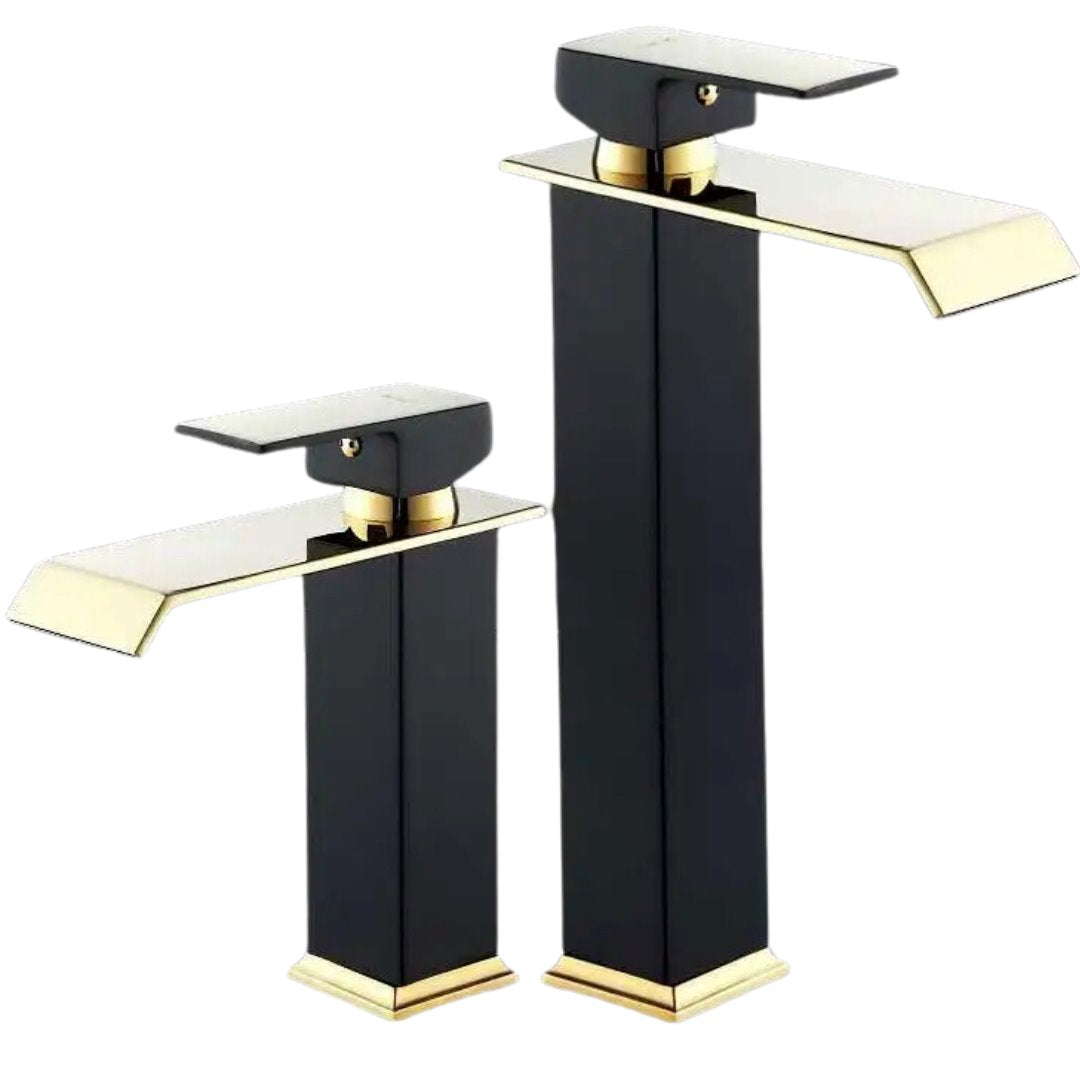 Torneira Luxo Monocomando Estilo Cascata para Banheiro Preto com Dourado Banheiros e Lavabos060 Vitrine das Torneiras