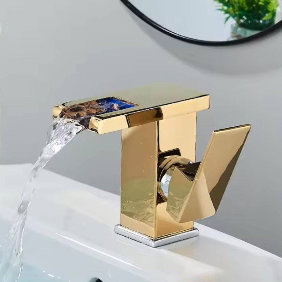 Torneira Monocomando de Banheiro com Válvula Cerâmica e LED Dourada - Economia de Água Banheiros e Lavabos019 Vitrine das Torneiras Dourado