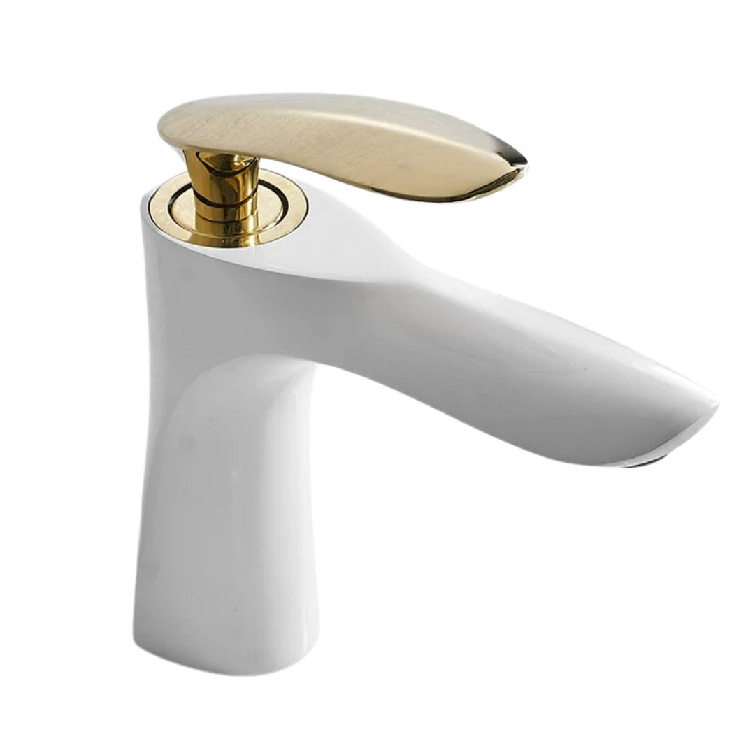 Torneira Monocomando Luxo Para Banheiro com Cascata 220V Branco com Dourado Banheiros e Lavabos094 Vitrine das Torneiras