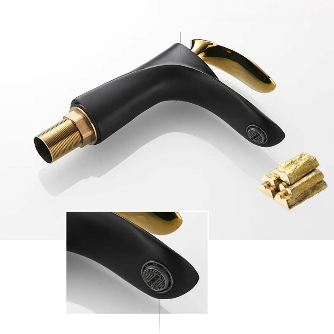 Torneira Monocomando Luxo Para Banheiro com Cascata 220V Preto com Dourado Banheiros e Lavabos098 Vitrine das Torneiras