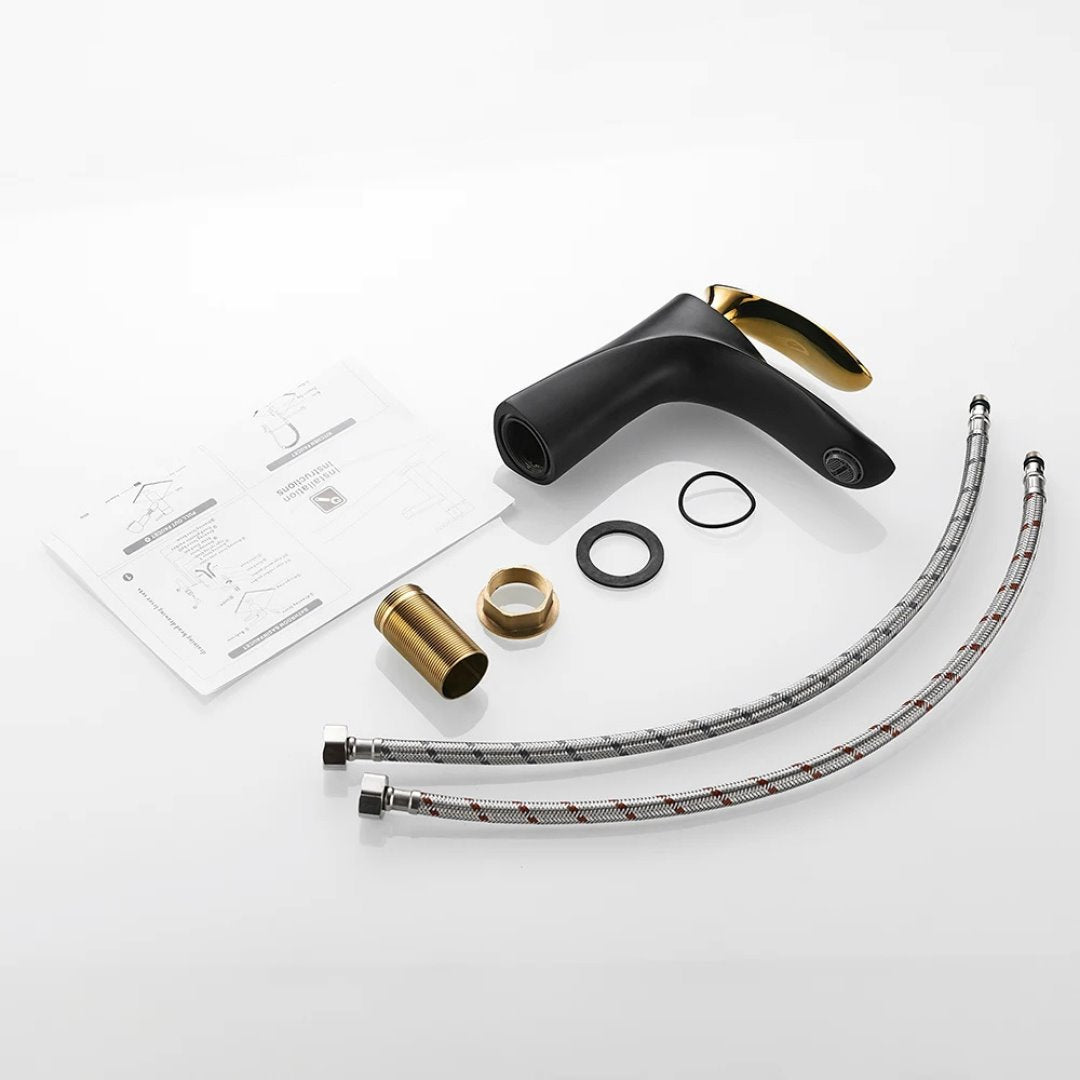 Torneira Monocomando Luxo Para Banheiro com Cascata 220V Preto com Dourado Banheiros e Lavabos098 Vitrine das Torneiras