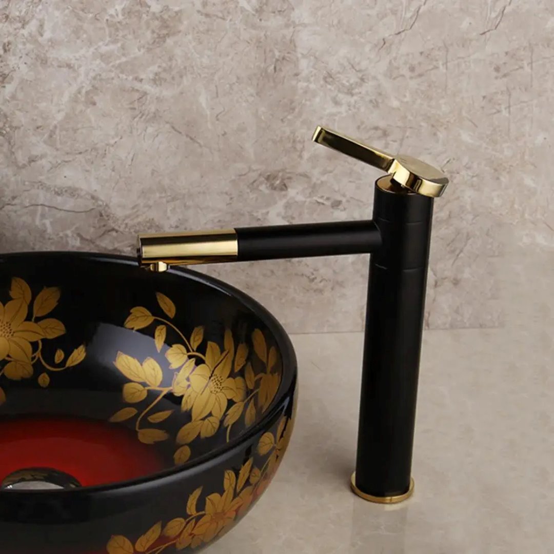 Torneira Para Banheiro com Bico Longo Monocomando Preto com Dourado Banheiros e Lavabos103 Vitrine das Torneiras