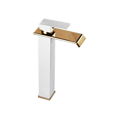 Torneira Luxo Monocomando Estilo Cascata para Banheiro Branco com Dourado