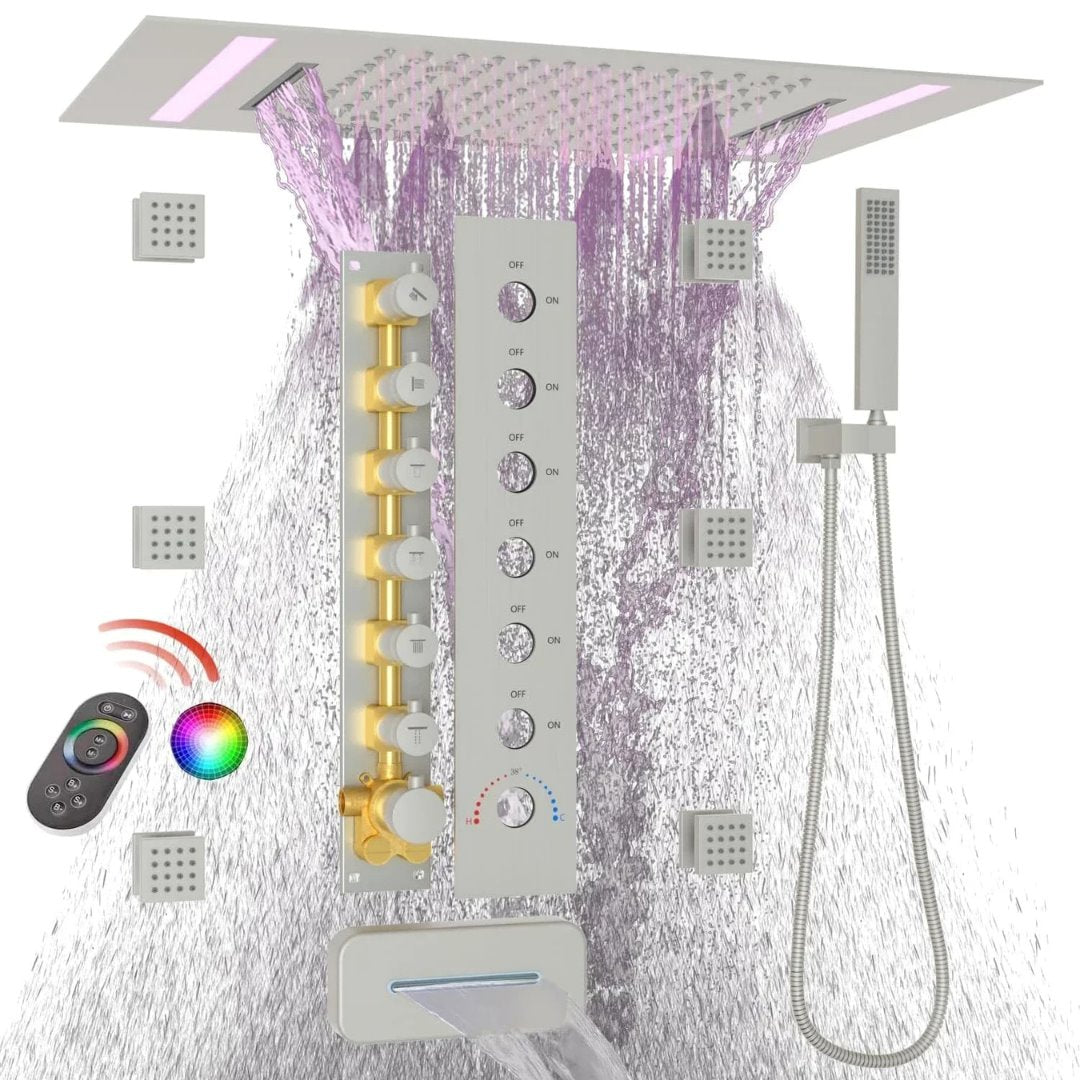 Chuveiro de Teto Inteligente Luxo LED com Cachoeira e Jatos Corporais - Sistema Completo Ducha031 Vitrine das Torneiras Cromado 