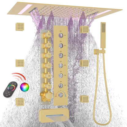 Chuveiro de Teto Inteligente Luxo LED com Cachoeira e Jatos Corporais - Sistema Completo Ducha031 Vitrine das Torneiras Dourado Escovado 