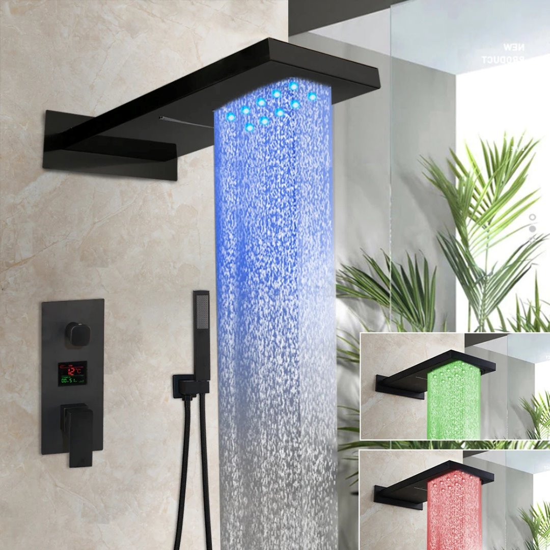 Chuveiro Termostático Digital Com 3 Saídas em Latão Preto Banheiros e Lavabos141 Vitrine das Torneiras Chuveiro LED 