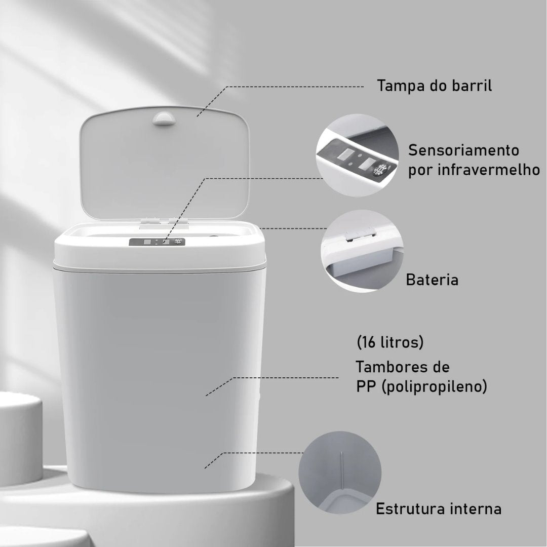 Lixeira Automática Higiênica Silenciosa de 16L Acessórios Banheiro052 Vitrine das Torneiras 