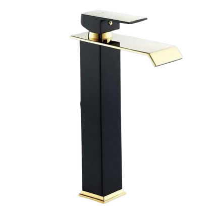 Torneira Luxo Monocomando Estilo Cascata para Banheiro Preto com Dourado