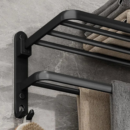Suporte de Toalha Dupla Alumínio Preto Matte - Com Gancho, Design Dobrável, Montagem na Parede Acessório012 Vitrine das Torneiras 
