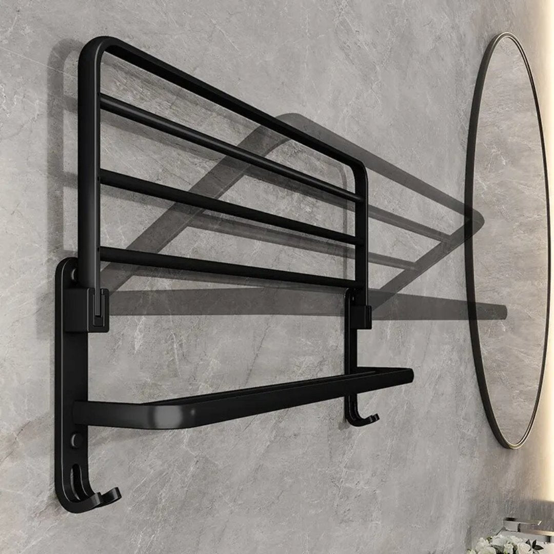 Suporte de Toalha Dupla Alumínio Preto Matte - Com Gancho, Design Dobrável, Montagem na Parede Acessório012 Vitrine das Torneiras 