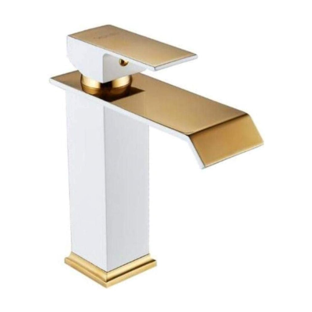 Torneira Elegante Branco e Dourado com Cascata para Banheiro Banheiros e Lavabos056 Vitrine das Torneiras 