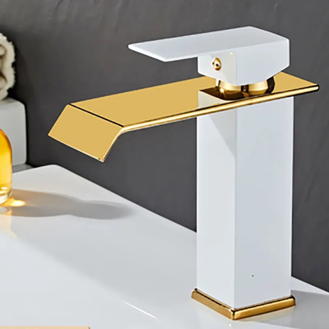 Torneira Elegante Branco e Dourado com Cascata para Banheiro Banheiros e Lavabos056 Vitrine das Torneiras 