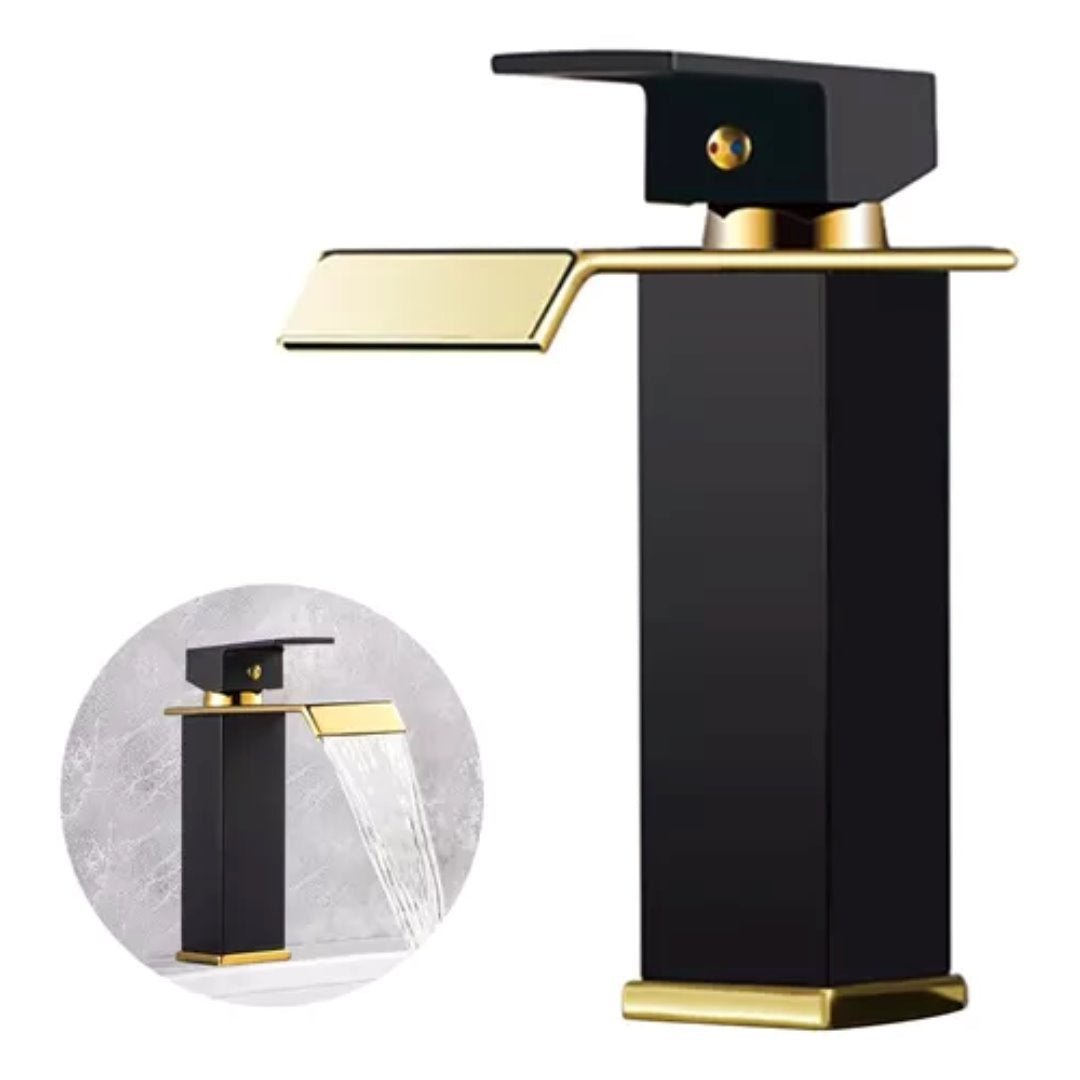 Torneira Elegante Preto e Dourado com Cascata para Banheiro Banheiros e Lavabos056 Vitrine das Torneiras 