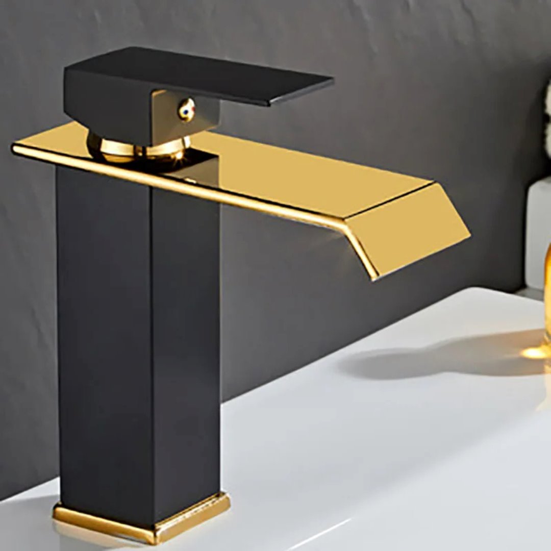 Torneira Elegante Preto e Dourado com Cascata para Banheiro Banheiros e Lavabos056 Vitrine das Torneiras 