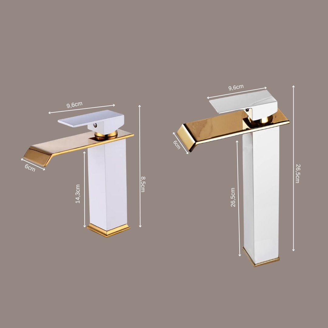 Torneira Luxo Monocomando Estilo Cascata para Banheiro Branco com Dourado Banheiros e Lavabos057 Vitrine das Torneiras 