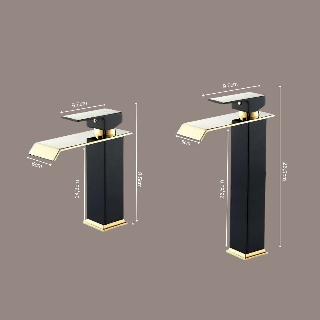 Torneira Luxo Monocomando Estilo Cascata para Banheiro Preto com Dourado Banheiros e Lavabos060 Vitrine das Torneiras 