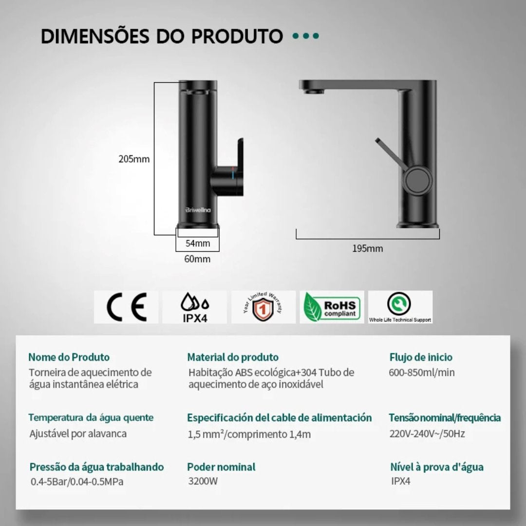 Torneira Quente Instantânea Digital 3200W - Água Quente Sem Espera Acessórios Banheiro033 Vitrine das Torneiras 