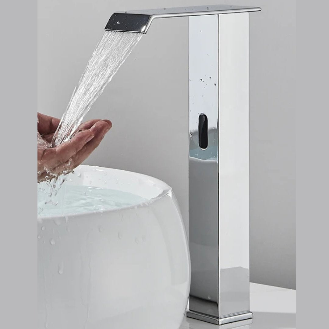 Torneira Sensorial Automática de Luxo para Banheiro - Bica Alta - Misturador Água Quente e Fria Banheiros e Lavabos049 Vitrine das Torneiras Dourado Quadrado 